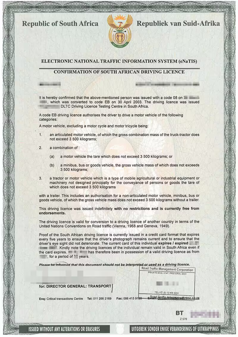 RTMC Drivers Licence Confirmation Letter