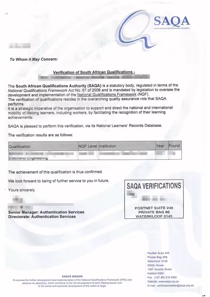 SAQA Verification Letter 4 SAQA Verification Letter