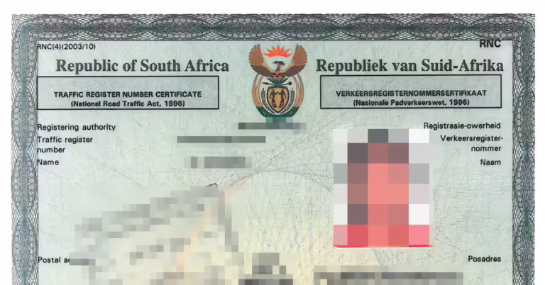 Traffic Register Number Certificate Sample
